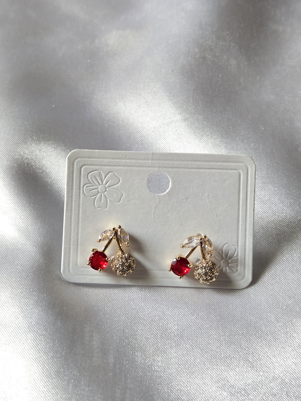 Gold Cherry Stud Earrings with Red Crystal Accent NWOT